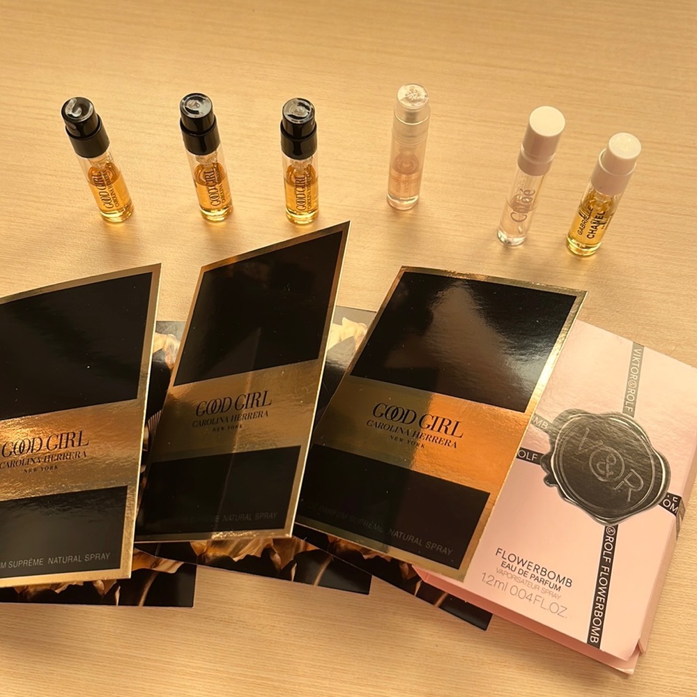 GOOD GIRL, FLOWERBOMB, CHANEL Gabrielle, Chloe L’eau 6 perfume samples